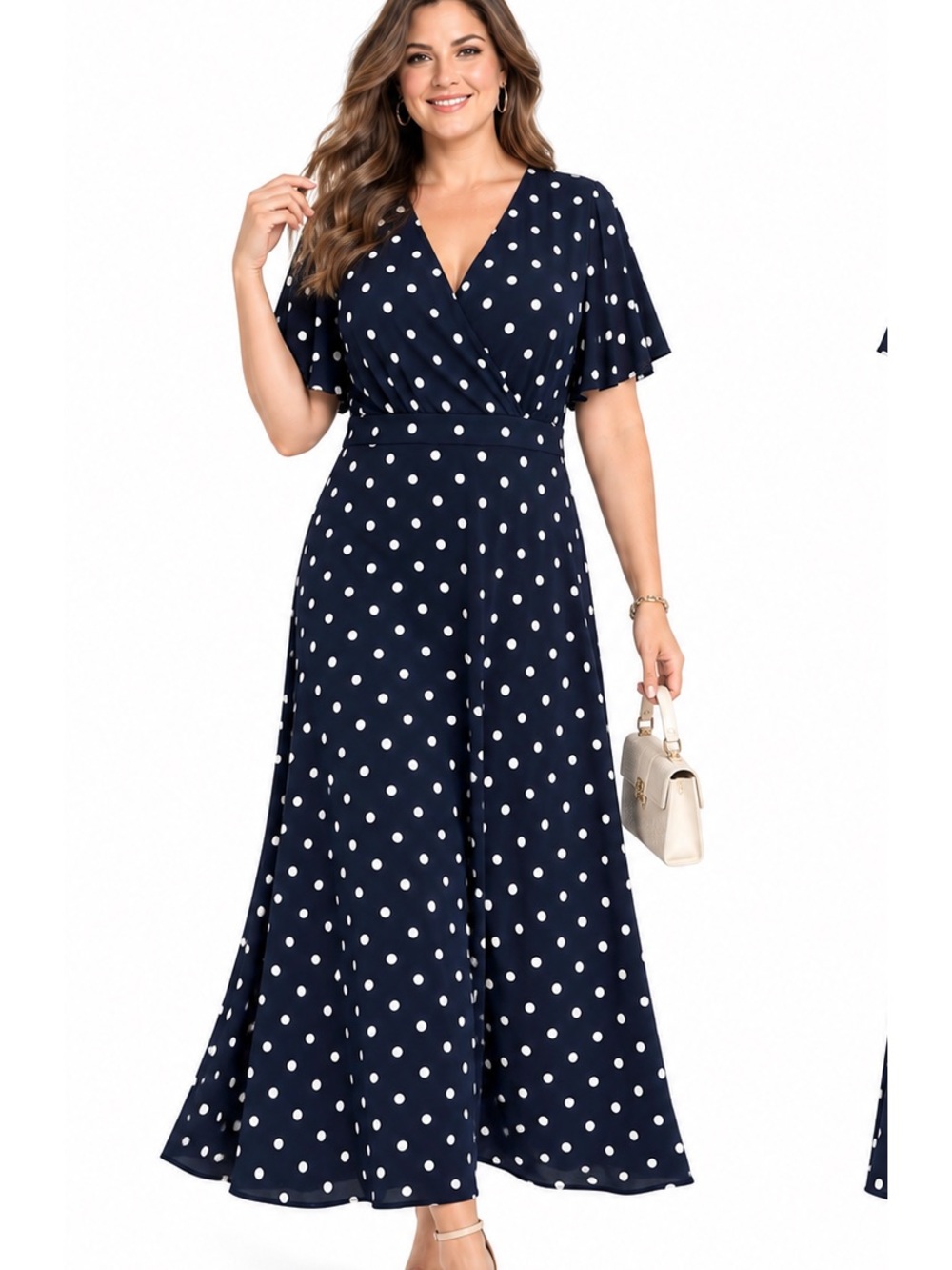 Eliza J 18W Navy Polka Dot Midi Dress Faux Wrap Flutter Sleeve retro classic lux